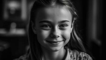 sonriente retrato de uno alegre caucásico niña mirando a cámara generado por ai foto