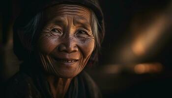 sonriente mayor mujer, arrugas espectáculo felicidad, tradicional ropa, indígena cultura generado por ai foto