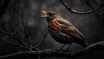 un hermosa estornino encaramado en un rama, canto en invierno generado por ai foto