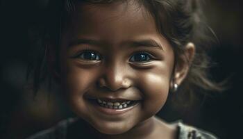 Smiling child, happiness, cute portrait One person cheerful, looking at camera generated by AI photo