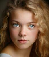 Cute Caucasian girl with blond hair and blue eyes smiling generated by AI photo