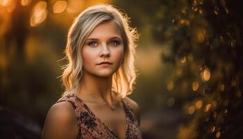 Young woman in autumn forest, smiling, beauty in nature, sunlight generated by AI photo