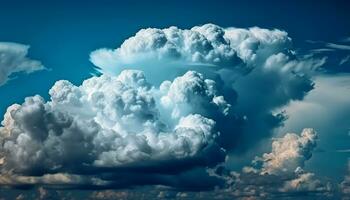 Fluffy cumulus clouds float in the bright blue summer sky generated by AI photo