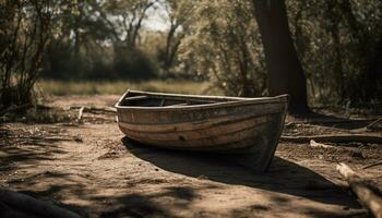 tranquilo escena de un antiguo bote de remos en un rústico lago generado por ai foto