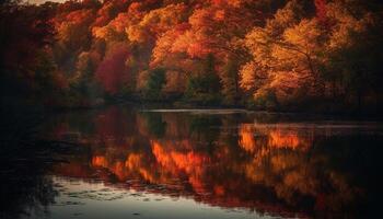 Autumn forest, tree reflects vibrant colors in tranquil pond generated by AI photo