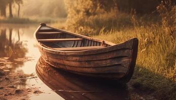 Tranquil scene of an old rowboat on a peaceful pond generated by AI photo