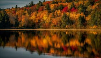 Autumn forest, nature beauty, vibrant colors reflect on tranquil pond generated by AI photo