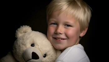 A cute child smiling, holding a teddy bear, looking at camera generated by AI photo