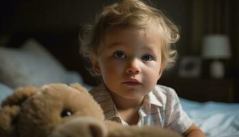 Cute child playing with toy, innocence and happiness in bedroom generated by AI photo