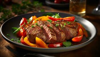 Grilled steak, fresh tomato, gourmet meal, cooked on wood table generated by AI photo