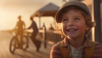 un alegre niño sonriente al aire libre, disfrutando el puesta de sol y naturaleza generado por ai foto