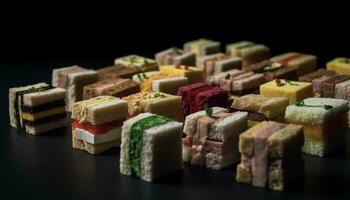 Gourmet dessert, sweet candy, chocolate snack, indulgence in a variety generated by AI photo