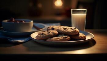 Homemade chocolate chip cookies on a rustic wooden table generated by AI photo