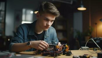 A young man, expert in technology, soldering indoors with concentration generated by AI photo