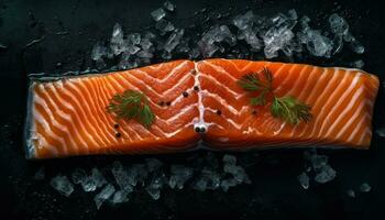 Grilled salmon steak, fresh seafood, healthy eating, gourmet meal, cooked generated by AI photo