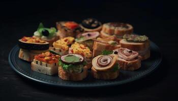 Freshness on plate gourmet appetizer, snack, meal with meat, bread, vegetable generated by AI photo