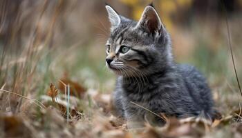 Cute kitten sitting in grass, playful and curious, staring outdoors generated by AI photo