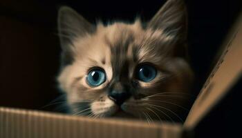Cute kitten looking at camera, fluffy fur, blue eyes generated by AI photo
