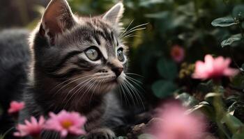 Cute kitten sitting in the grass, staring with curious green eyes generated by AI photo