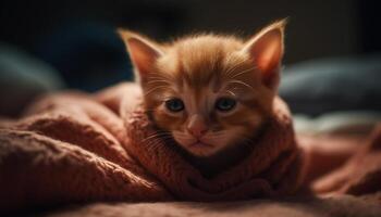 Cute kitten with fluffy fur, looking at camera, resting outdoors generated by AI photo