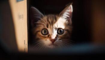 Cute kitten sitting by the window, staring with curious eyes generated by AI photo