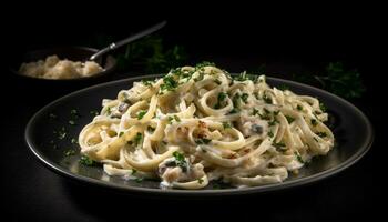 Fresh homemade pasta with creamy seafood sauce, garnished with parsley generated by AI photo