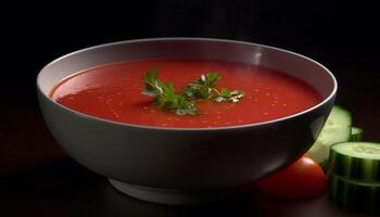 Fresco tomate sopa, un sano vegetariano comida, adornado con perejil generado por ai foto