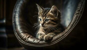 Cute kitten sitting on sofa, staring with playful curiosity generated by AI photo