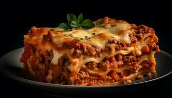 Close up of a baked pasta dish with bolognese sauce and mozzarella generated by AI photo