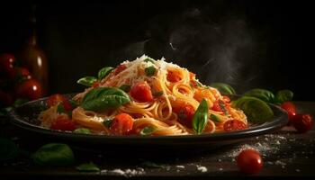 Fresh tomato pasta, a gourmet meal on a wooden plate generated by AI photo