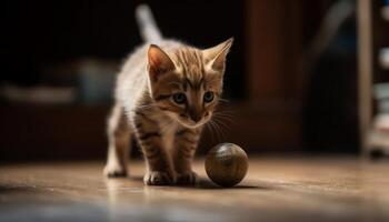 Cute kitten playing with toy ball, looking at camera indoors generated by AI photo