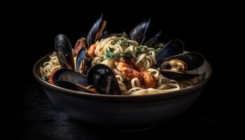 Fresh seafood pasta cooked with mussels, prawns, and a tomato sauce generated by AI photo