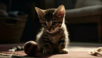 Cute kitten playing, looking, staring, fluffy, striped, softness, playful, furry generated by AI photo