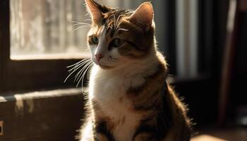 Cute kitten sitting by the window, staring with curious eyes generated by AI photo