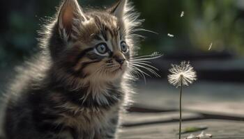 Cute kitten sitting in grass, looking at camera with curiosity generated by AI photo