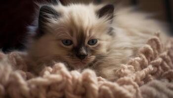 Cute kitten, small and fluffy, looking with softness and beauty generated by AI photo