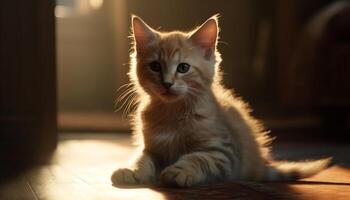 Cute domestic cat kitten sitting, looking at camera, playful and fluffy generated by AI photo