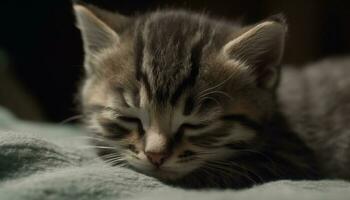 Cute kitten with soft fur, sleeping peacefully on a pillow generated by AI photo