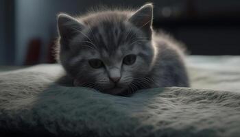Cute kitten with soft fur, staring, resting on comfortable bed generated by AI photo