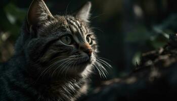 linda gatito curioso, mullido pelo, a rayas, sentado en césped al aire libre generado por ai foto