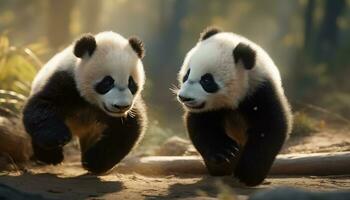 Cute panda cub eating bamboo in the wild forest outdoors generated by AI photo