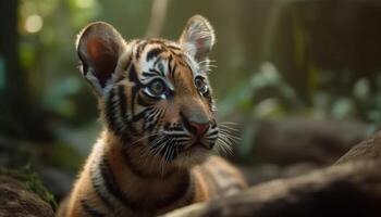 Tiger, striped feline in nature, endangered species, cute animal head generated by AI photo