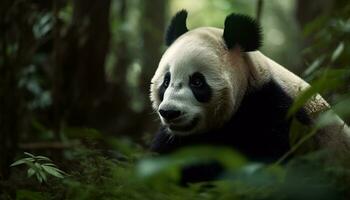 Cute panda sitting in the forest, eating bamboo, looking at camera generated by AI photo