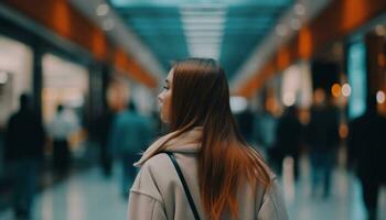 joven mujer caminando en un concurrido subterraneo estación durante prisa hora generado por ai foto
