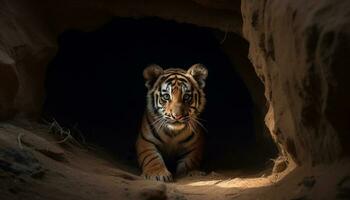 majestuoso Bengala tigre, feroz y hermoso, caminando en el salvaje generado por ai foto
