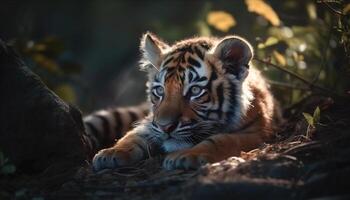 A cute tiger in the wild, staring with tranquility generated by AI photo