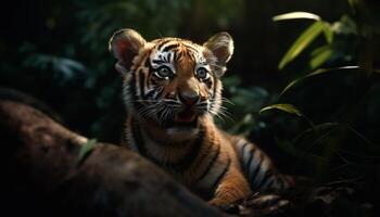 Bengala Tigre ocultación en el tropical selva generado por ai foto