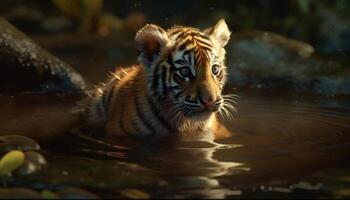 Tiger in wild, striped fur, staring, tranquil scene, wildlife reserve generated by AI photo