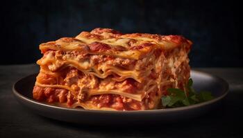 Freshly baked lasagna with melted mozzarella and savory bolognese sauce generated by AI photo