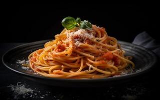 Freshly cooked pasta with tomato sauce and Parmesan cheese on plate generated by AI photo